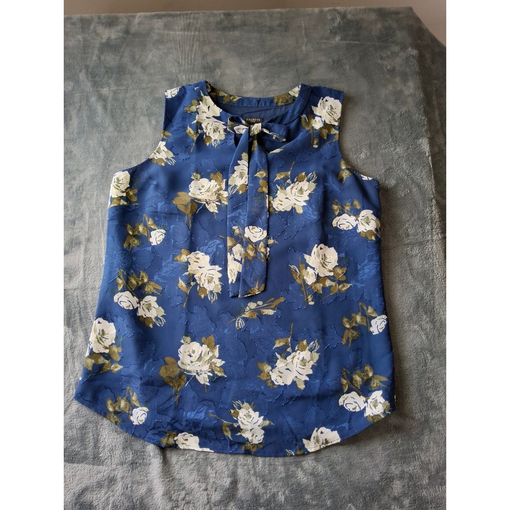 Talbots Petites Blue Floral Tie Neck Sleeveless Blouse Jacquard Top MP